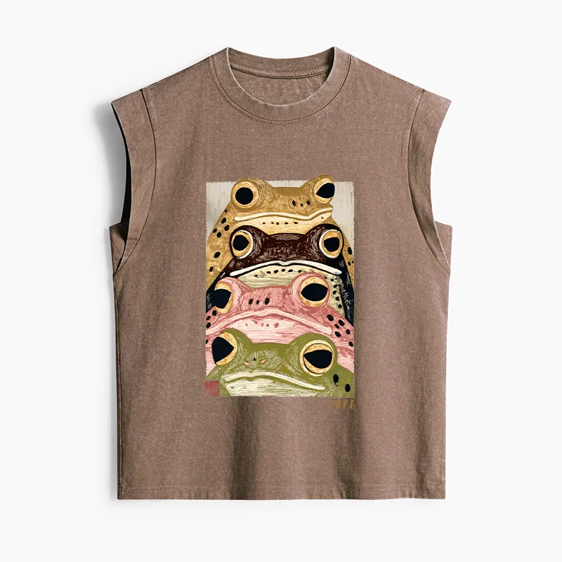 Tokyo-Tiger Whimsical Multi Colored Frog Art Women's Washed Tank Tops Sale