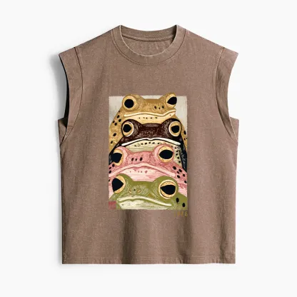 Tokyo-Tiger Whimsical Multi Colored Frog Art Women's Washed Tank Tops
