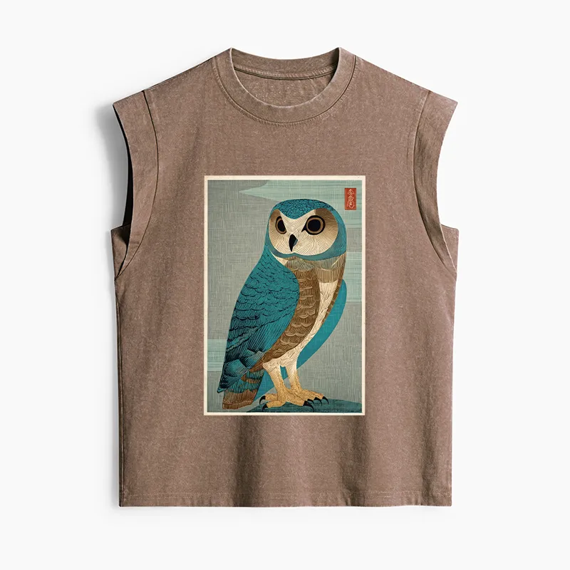 Tokyo-Tiger Vintage Owl Woodblock Art Women's Washed Tank Tops Sale