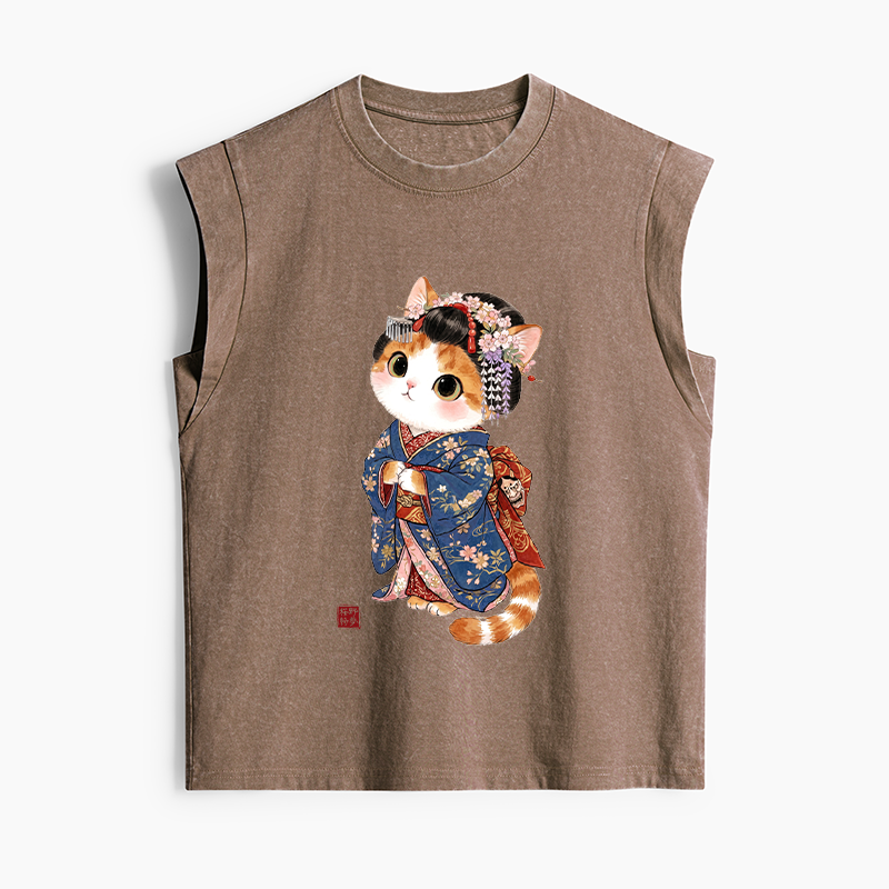 Tokyo-Tiger Cat Dressed As A Geisha Funny Women's Washed Tank Tops