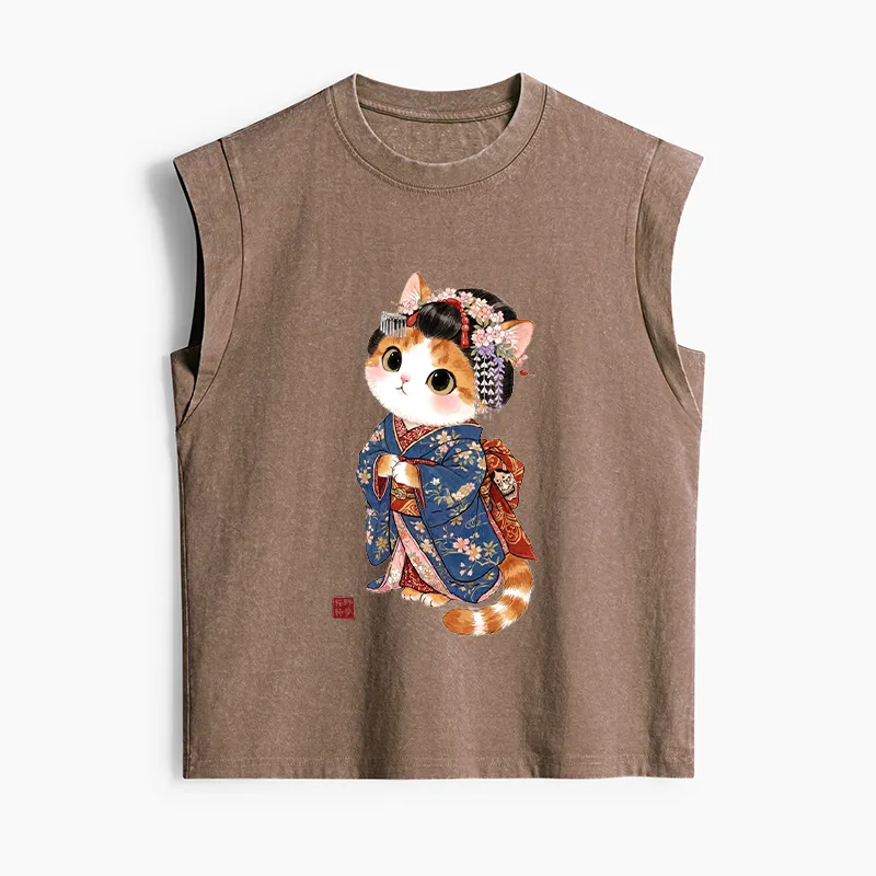 Tokyo-Tiger Cat Dressed As A Geisha Funny Women's Washed Tank Tops