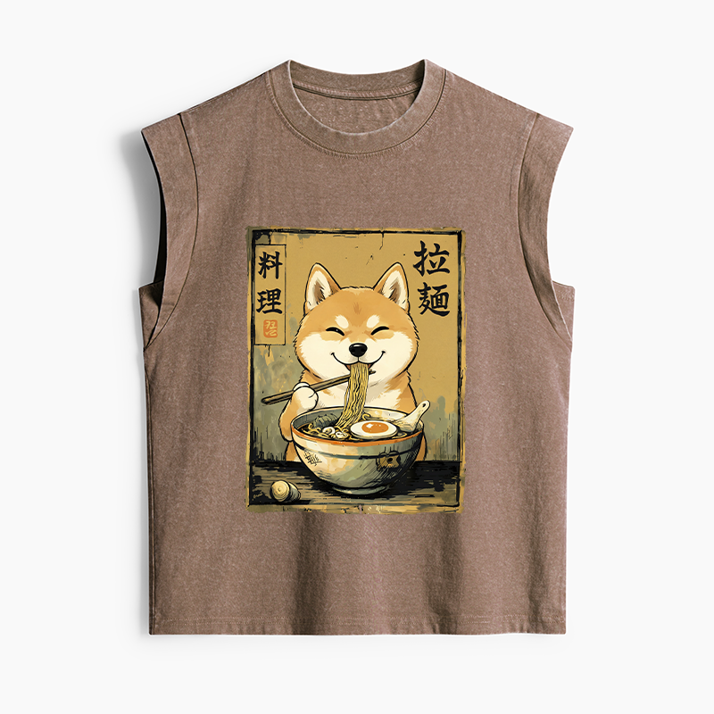 Tokyo-Tiger Happy Shiba Eating Ramen Women's Washed Tank Tops
