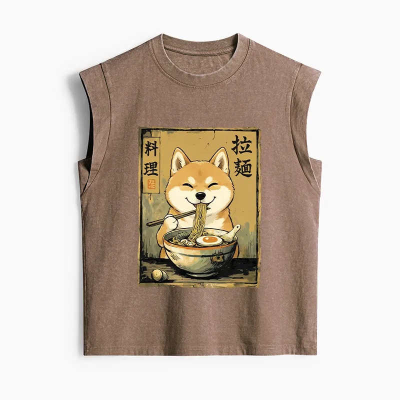 Tokyo-Tiger Happy Shiba Eating Ramen Women's Washed Tank Tops Sale