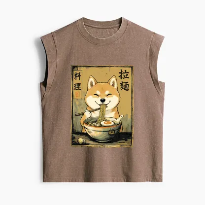 Tokyo-Tiger Happy Shiba Eating Ramen Women's Washed Tank Tops