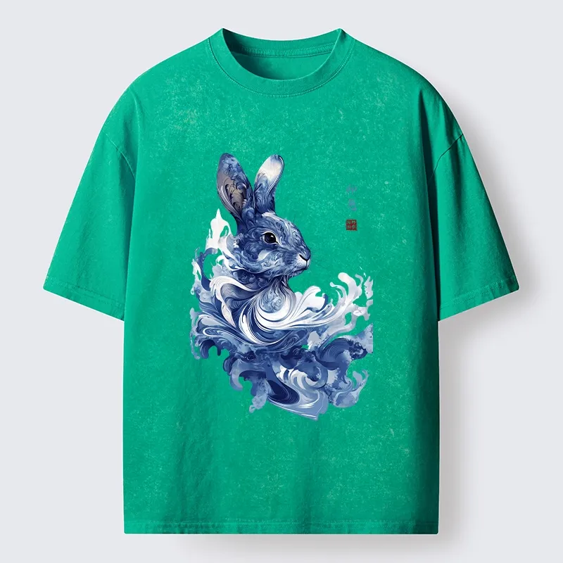 Tokyo-Tiger Blue And White Rabbit Art Washed T-Shirt