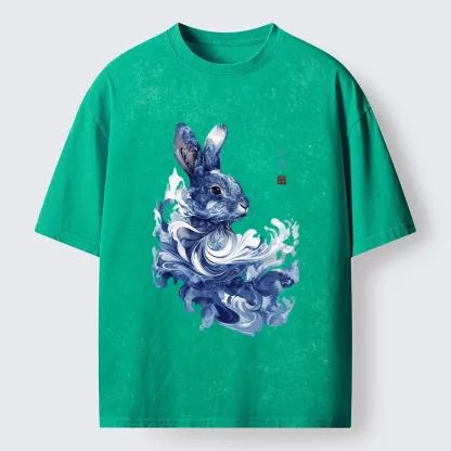 Tokyo-Tiger Blue And White Rabbit Art Washed T-Shirt