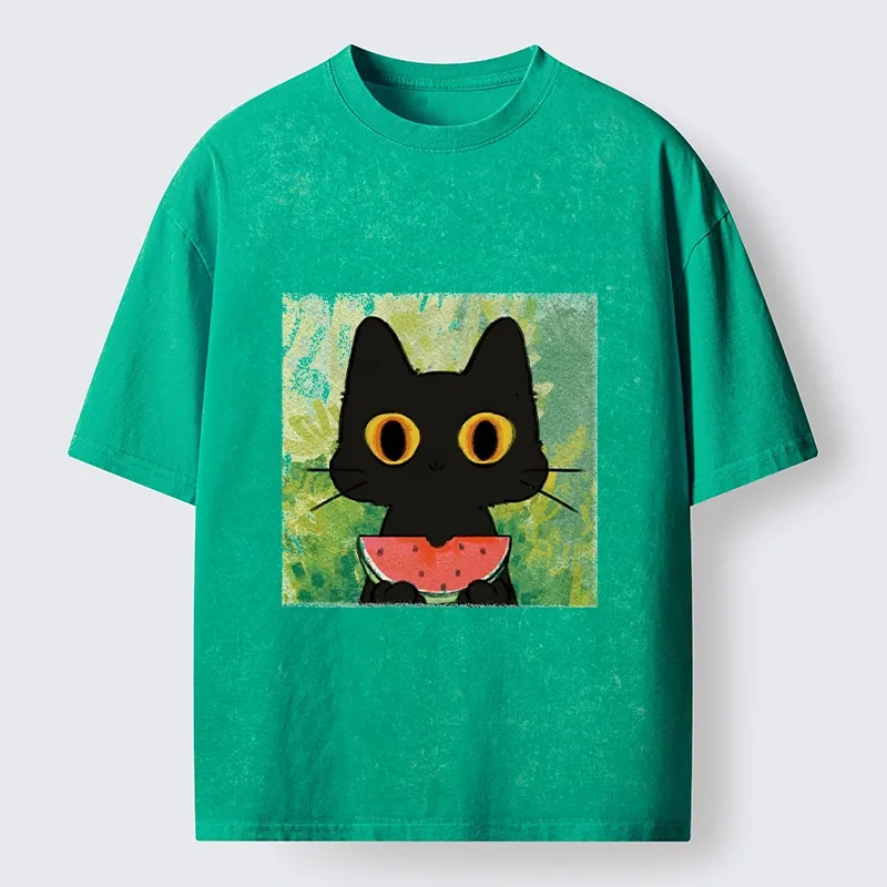Tokyo-Tiger Black Cat Loves Watermelon Washed T-Shirt
