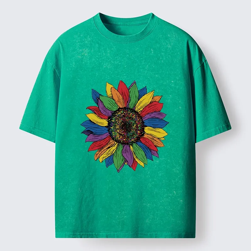 Tokyo-Tiger Rainbow Sunflower Pride Art Washed T-Shirt