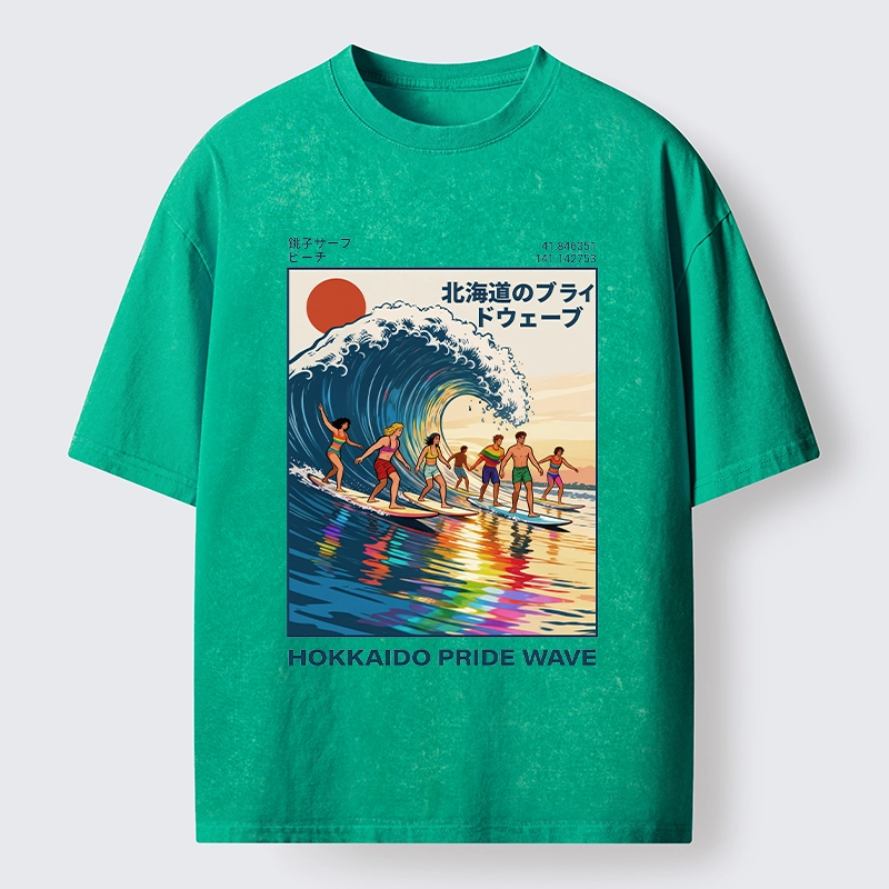Tokyo-Tiger Hokkaido Pride Wave Surfing Fun Washed T-Shirt
