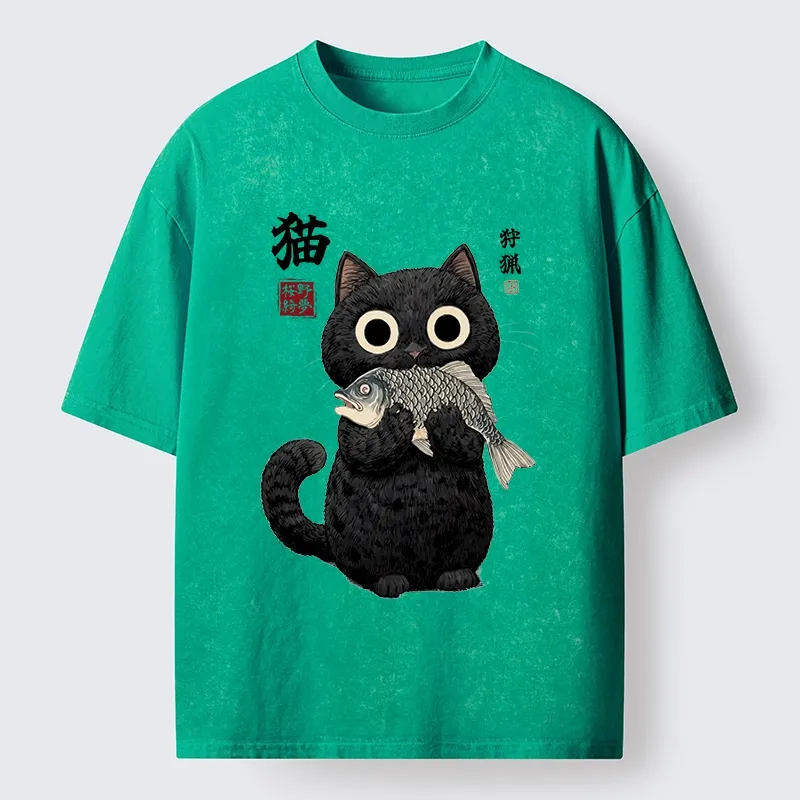 Tokyo-Tiger Black Cat Caught A Big Fish Washed T-Shirt