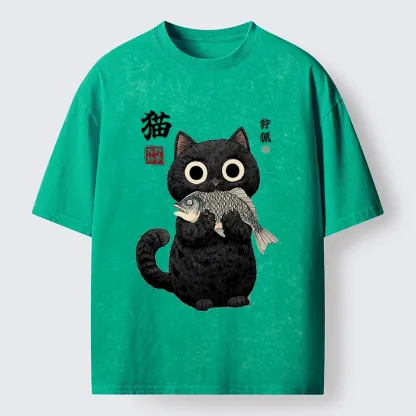 Tokyo-Tiger Black Cat Caught A Big Fish Washed T-Shirt