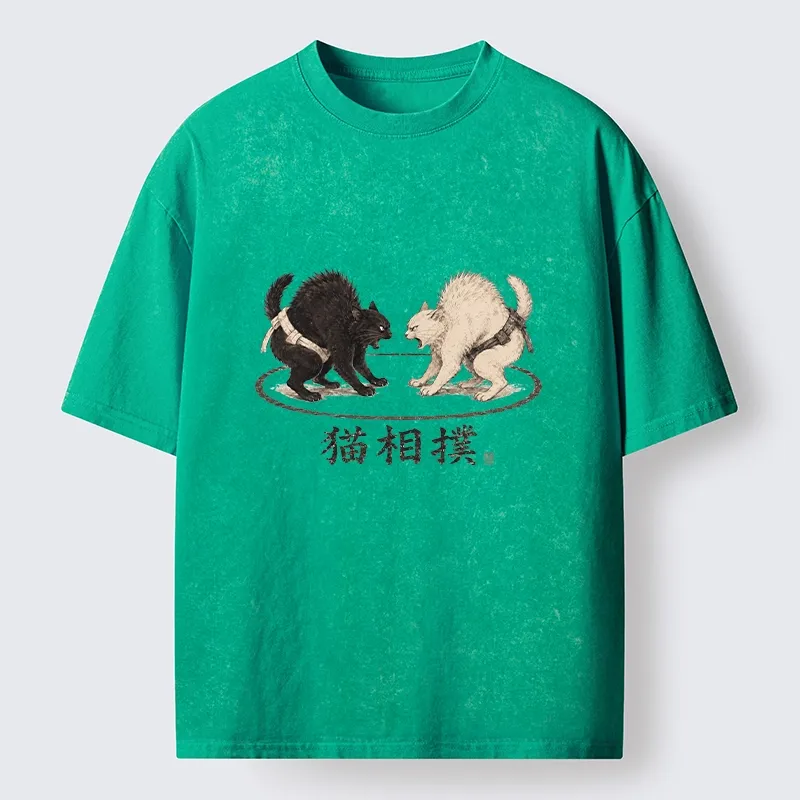 Tokyo-Tiger Cat Sumo Battle Funny Meme Washed T-Shirt Sale