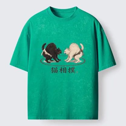 Tokyo-Tiger Cat Sumo Battle Funny Meme Washed T-Shirt