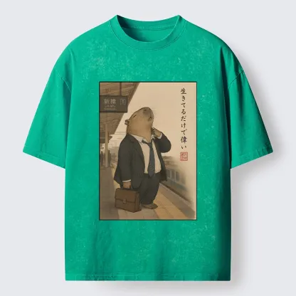 Tokyo-Tiger Funny Capybara Office Worker Meme Washed T-Shirt