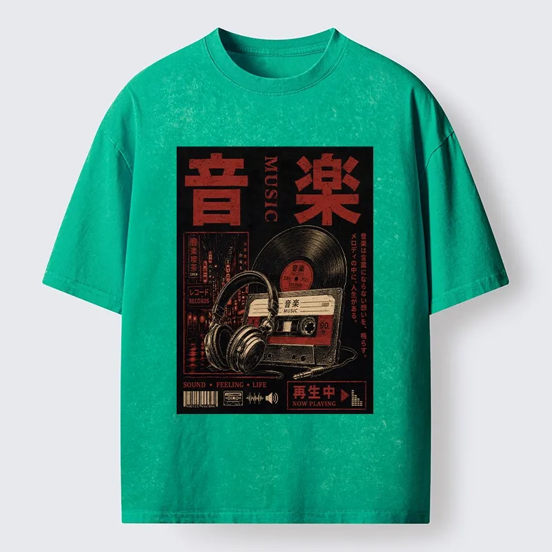 Tokyo-Tiger Retro Music Lovers Washed T-Shirt