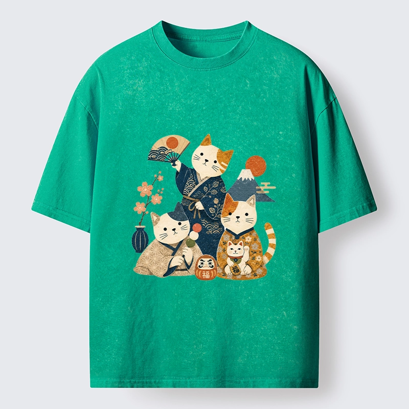 Tokyo-Tiger Lucky Cats Enjoying Traditional Japan Vibes Washed T-Shirt