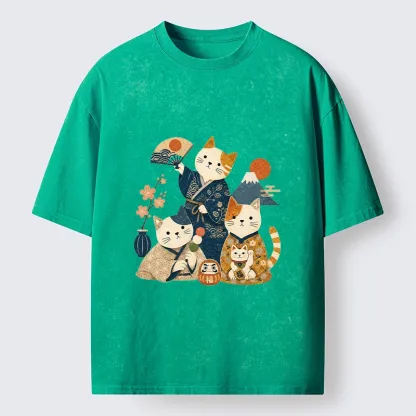 Tokyo-Tiger Lucky Cats Enjoying Traditional Japan Vibes Washed T-Shirt