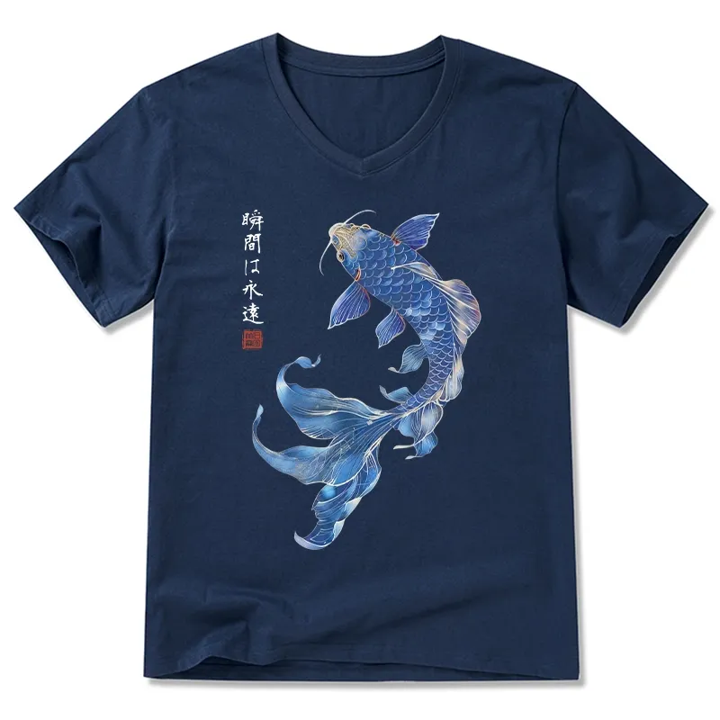 Tokyo-Tiger Lucky Blue Koi Fish Art V-Neck Classic T-Shirt Sale