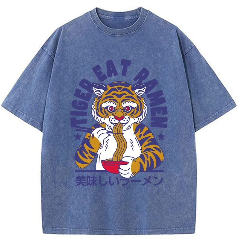 Tokyo-Tiger Funny Tiger Eating Ramen Washed T-Shirt