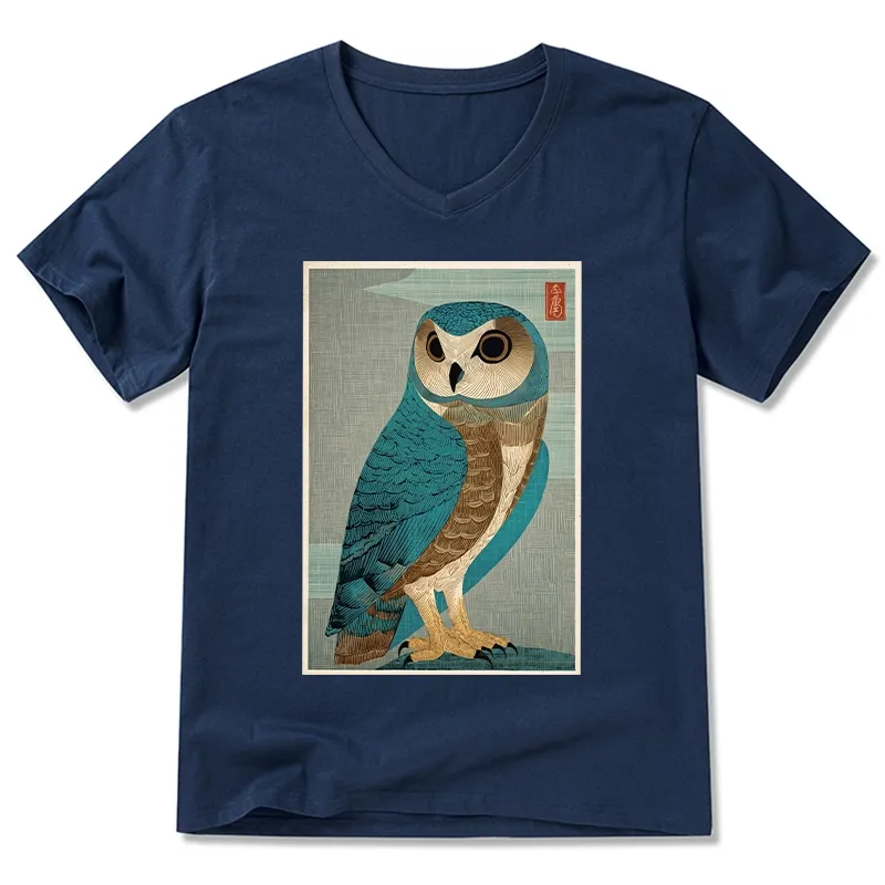 Tokyo-Tiger Vintage Owl Woodblock Art V-Neck Classic T-Shirt