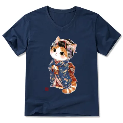 Tokyo-Tiger Cat Dressed As A Geisha Funny V-Neck Classic T-Shirt