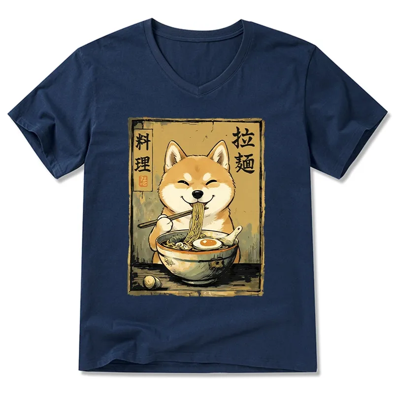 Tokyo-Tiger Happy Shiba Eating Ramen V-Neck Classic T-Shirt