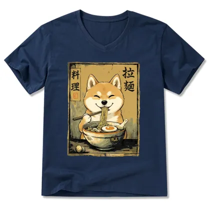 Tokyo-Tiger Happy Shiba Eating Ramen V-Neck Classic T-Shirt