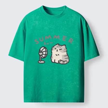 Tokyo-Tiger Summer Cat Chills With A Fan Washed T-Shirt