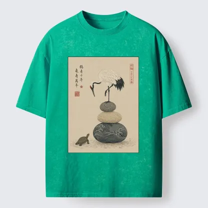 Tokyo-Tiger Turtle And Crane Traditional Art Washed T-Shirt