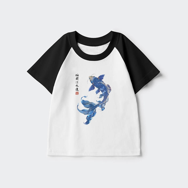 Tokyo-Tiger Lucky Blue Koi Fish Art Kids Raglan T-shirt