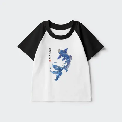 Tokyo-Tiger Lucky Blue Koi Fish Art Kids Raglan T-shirt