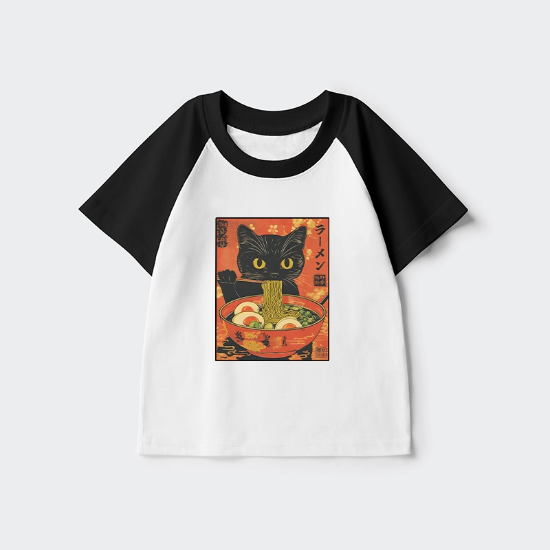 Tokyo-Tiger Hungry Black Cat Loves Ramen Kids Raglan T-shirt