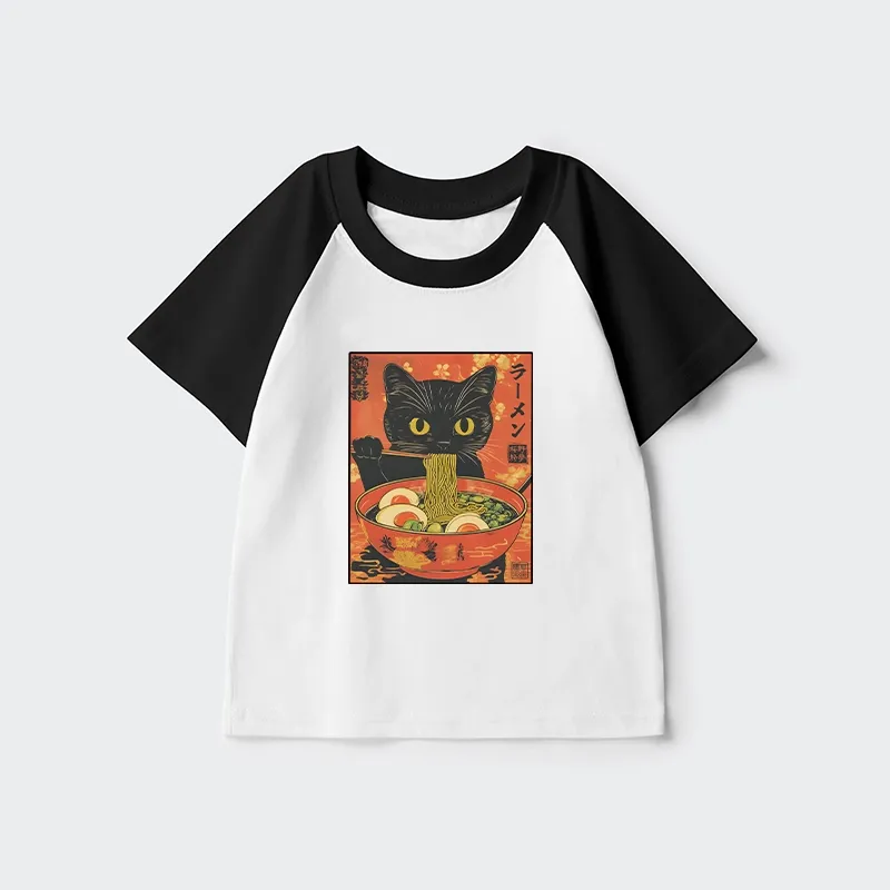 Tokyo-Tiger Hungry Black Cat Loves Ramen Kids Raglan T-shirt Sale