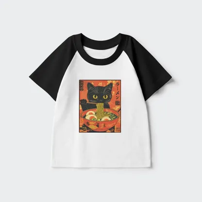 Tokyo-Tiger Hungry Black Cat Loves Ramen Kids Raglan T-shirt