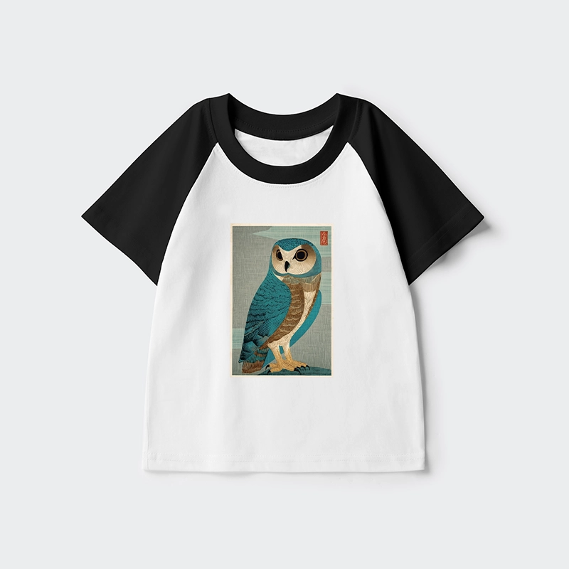 Tokyo-Tiger Vintage Owl Woodblock Art Kids Raglan T-shirt