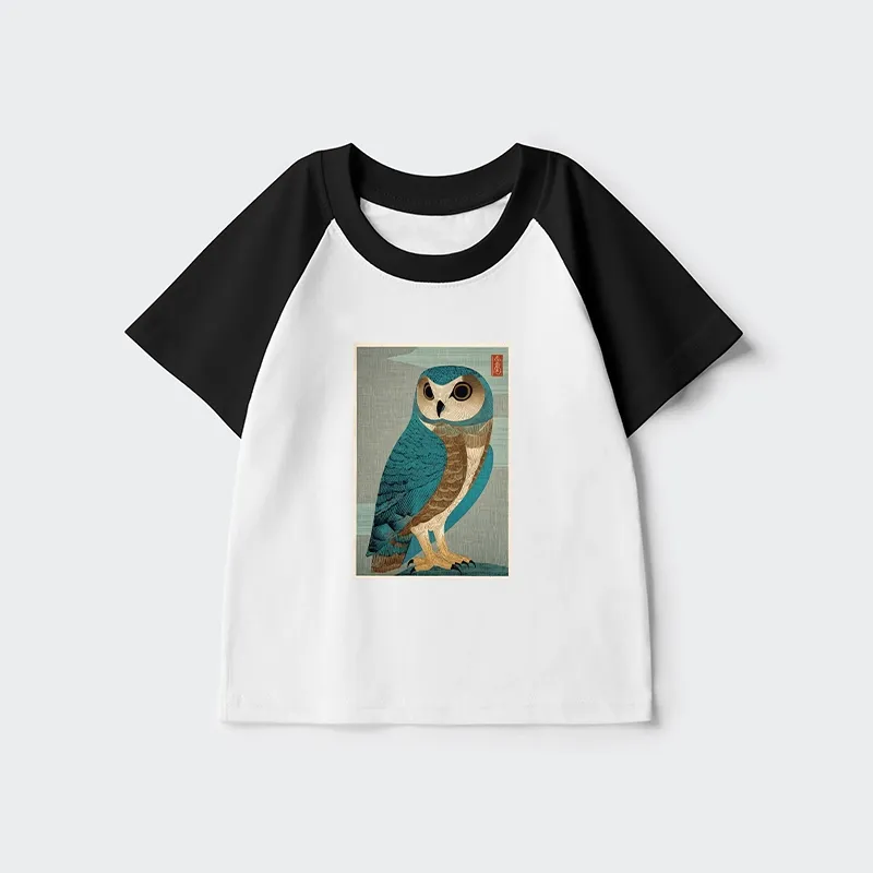 Tokyo-Tiger Vintage Owl Woodblock Art Kids Raglan T-shirt Sale