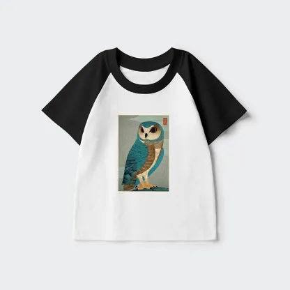 Tokyo-Tiger Vintage Owl Woodblock Art Kids Raglan T-shirt