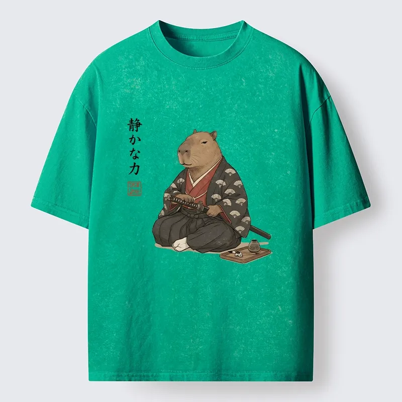Tokyo-Tiger Calm Samurai Capybara With Katana Meme Washed T-Shirt