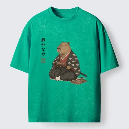 Tokyo-Tiger Calm Samurai Capybara With Katana Meme Washed T-Shirt