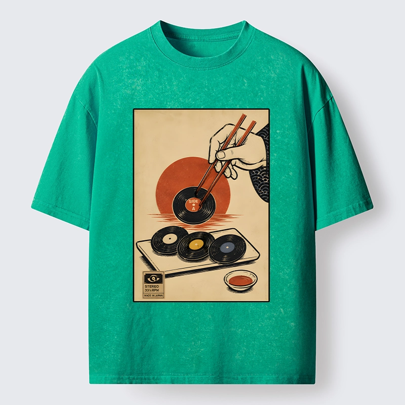 Tokyo-Tiger Chopsticks And Vinyl Sushi Art Washed T-Shirt