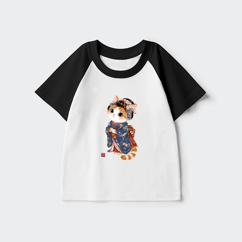 Tokyo-Tiger Cat Dressed As A Geisha Funny Kids Raglan T-shirt
