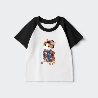 Tokyo-Tiger Cat Dressed As A Geisha Funny Kids Raglan T-shirt