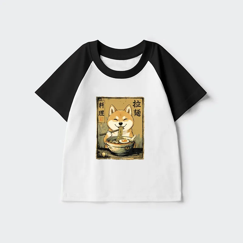 Tokyo-Tiger Happy Shiba Eating Ramen Kids Raglan T-shirt Sale