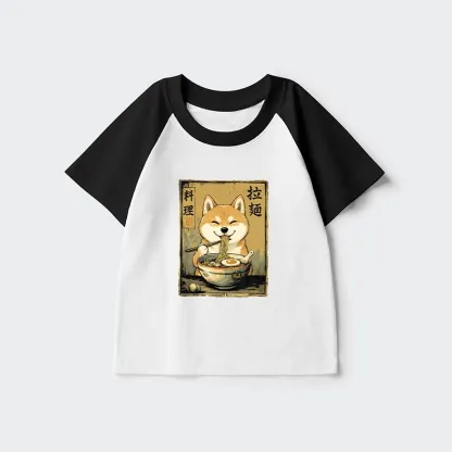 Tokyo-Tiger Happy Shiba Eating Ramen Kids Raglan T-shirt