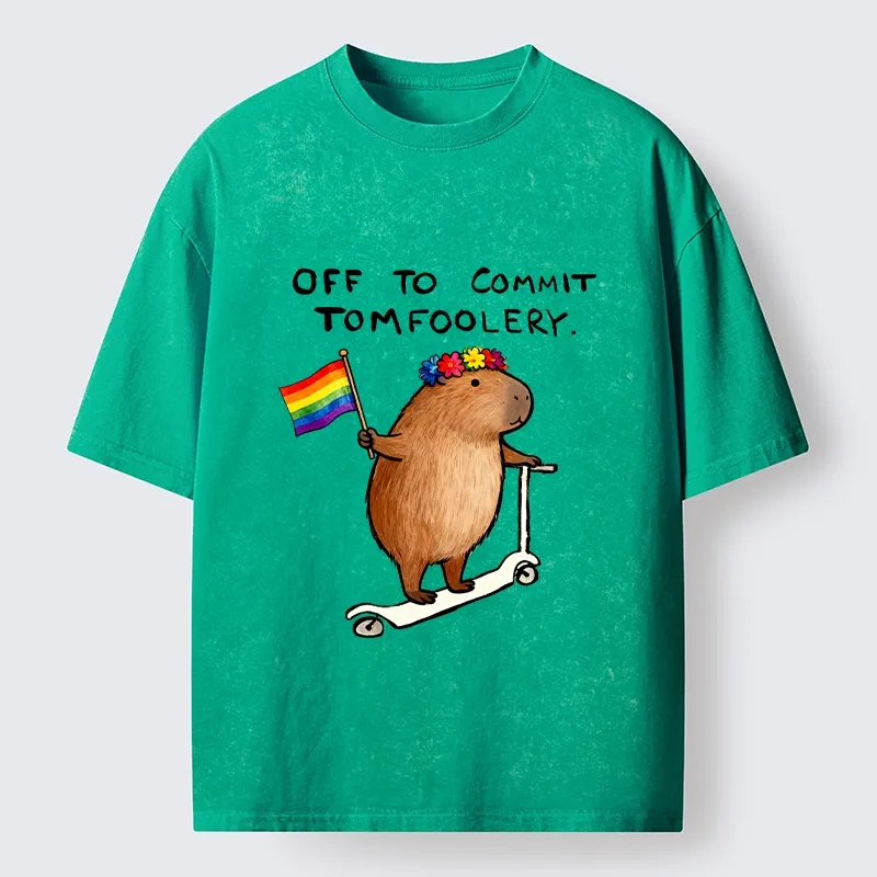 Tokyo-Tiger Pride Capybara On Scooter Meme Washed T-Shirt Sale