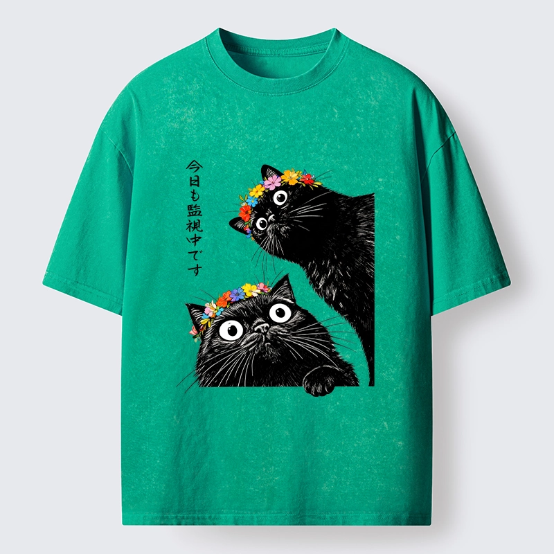 Tokyo-Tiger Flower Crown Black Cat Washed T-Shirt