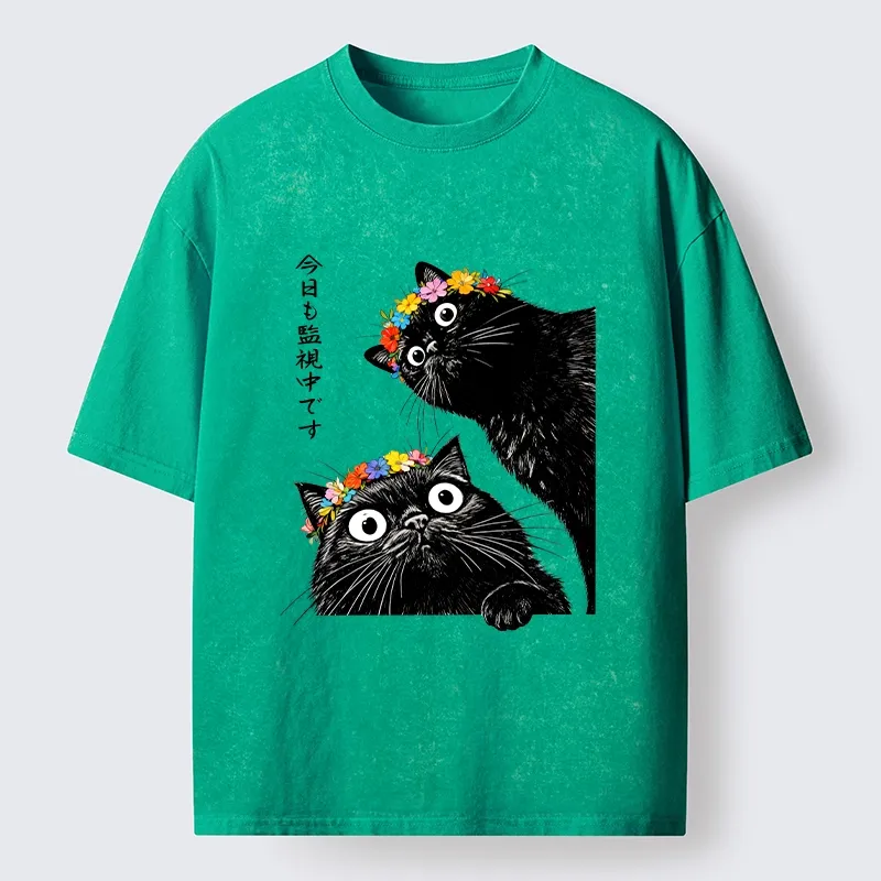 Tokyo-Tiger Flower Crown Black Cat Washed T-Shirt