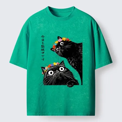 Tokyo-Tiger Flower Crown Black Cat Washed T-Shirt
