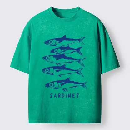 Tokyo-Tiger Blue And White Sardines Linocut Art Washed T-Shirt