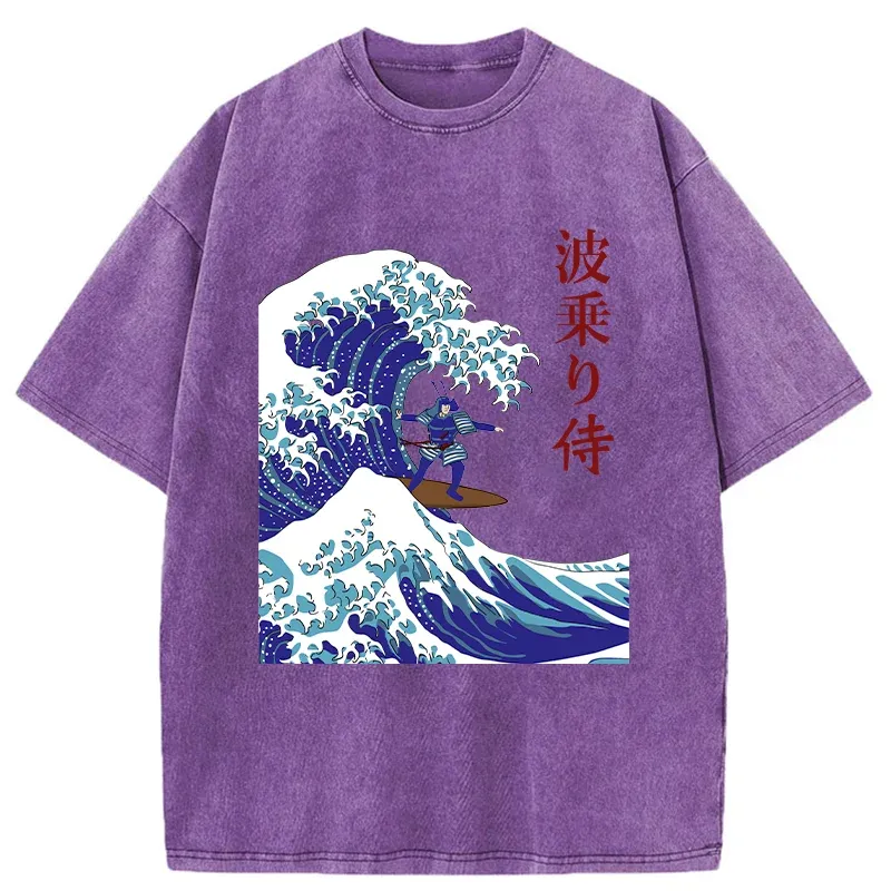 Tokyo-Tiger Funny Samurai Surf Washed T-Shirt